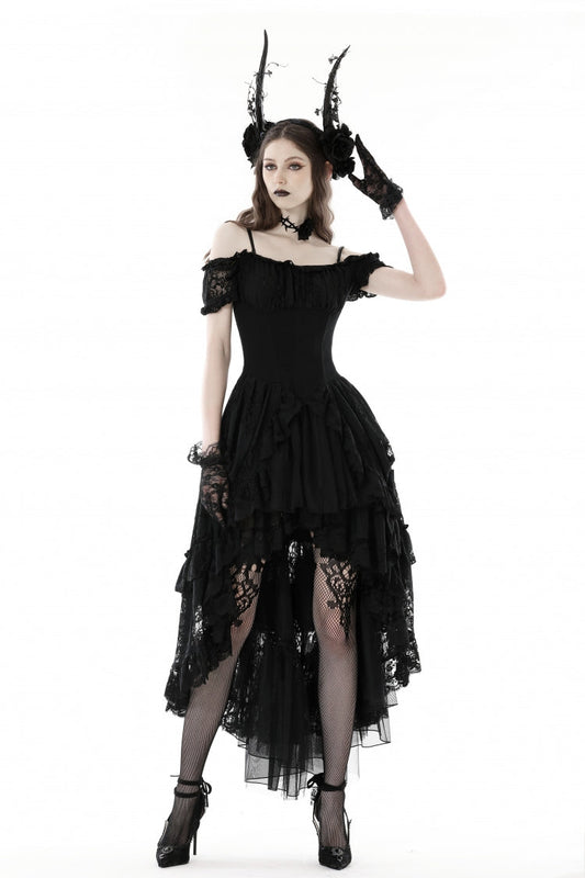 Gothic Dovetail Dress with Off-Shoulder Puff Sleeves & Lace
