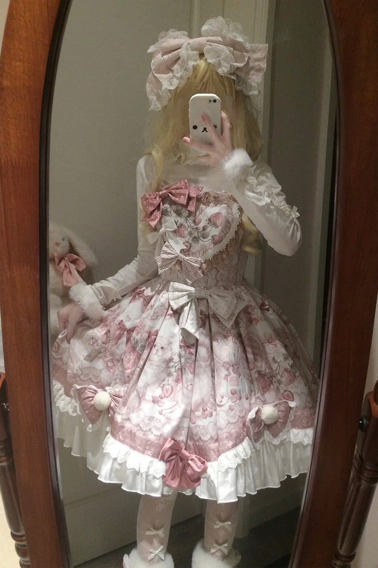 Pink Princess Dessert Cat Print Bow Lace Lolita Dress Set