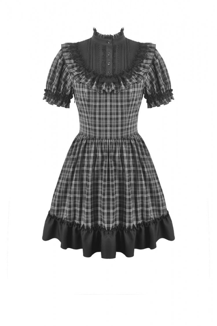 Monochrome Gothic Lolita Dress with Plaid, Stand Collar, and Lace-Up Front