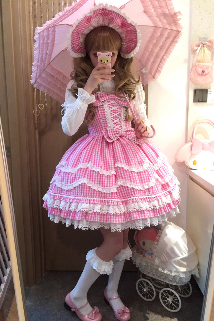 Pink Plaid Floral Ruffle Lace Up Sweet Lolita Dress
