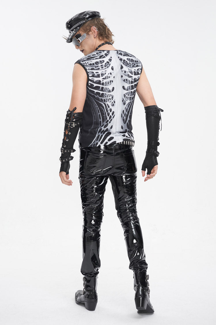 Monochrome Punk Vest with Round Collar and Cut-Out Print