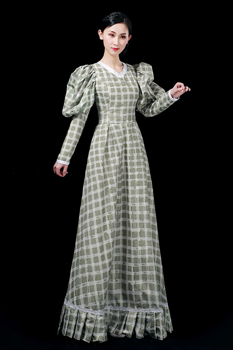 Dark Green Plaid High Waisted Victorian Gown - Ruffled Long Sleeves