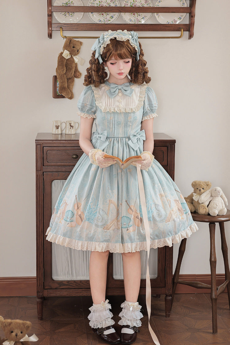 Underwater Concert Round Collar Short Sleeve Printed Bow Sweet Lolita Gown