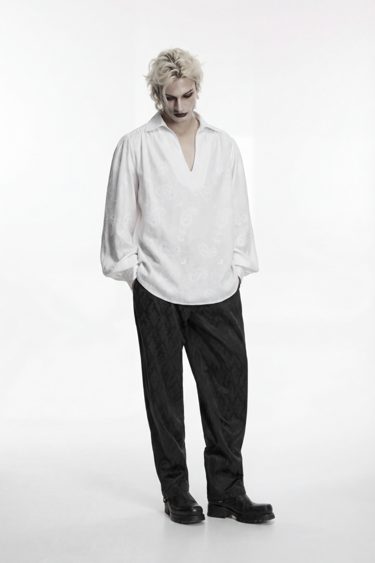 Ivory Embroidered Gothic Shirt with Lantern Sleeves and Print