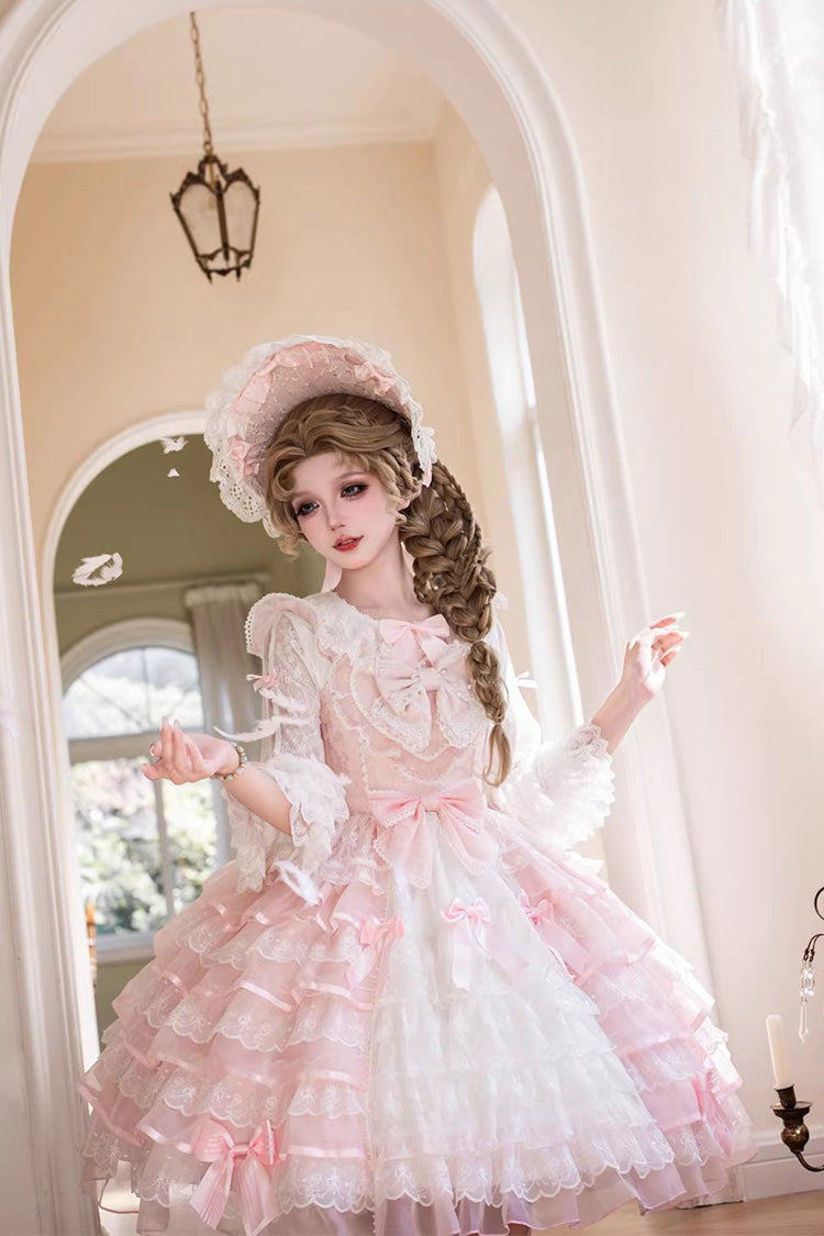 Pink Cherry Blossom Letter Sleeveless Multi-Layered Ruffled Embroidered Open-Front Bow Gorgeous Sweet Jsk Dress