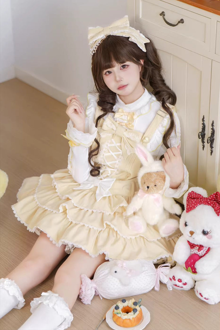 Yellow Nostalgic Showa Custard Cream Puff Sleeveless Triple-Layered Ruffled Bow Lace-Up Tiered Cake Sweet Jsk Dress