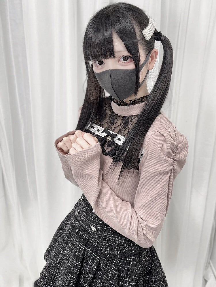Jirai Kei Lace Patch Mock Neck Landmine Knit Top – MK Kawaii Store