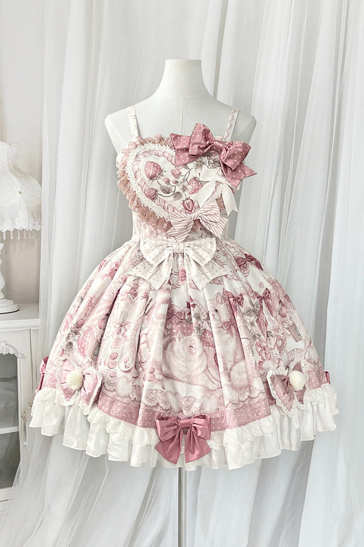 Pink Princess Dessert Cat Print Bow Lace Lolita Dress Set