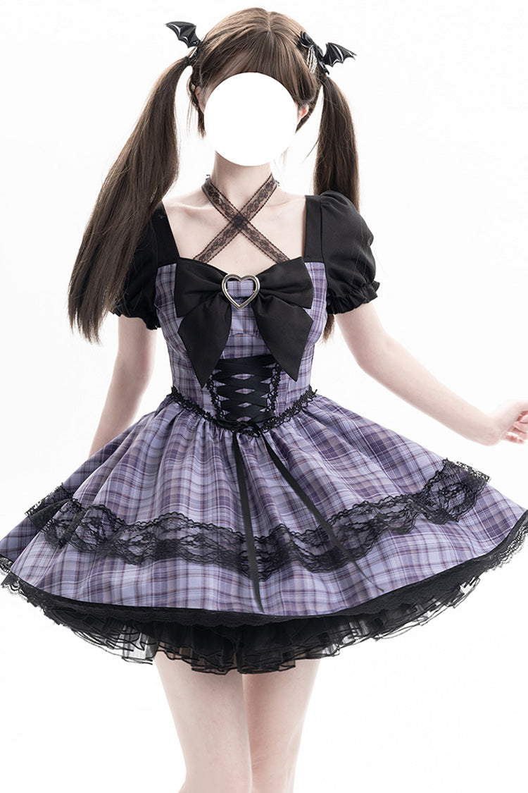 Purple Witch Time Short Puff Sleeves Plaid Print Bow Lace Sweet Dress