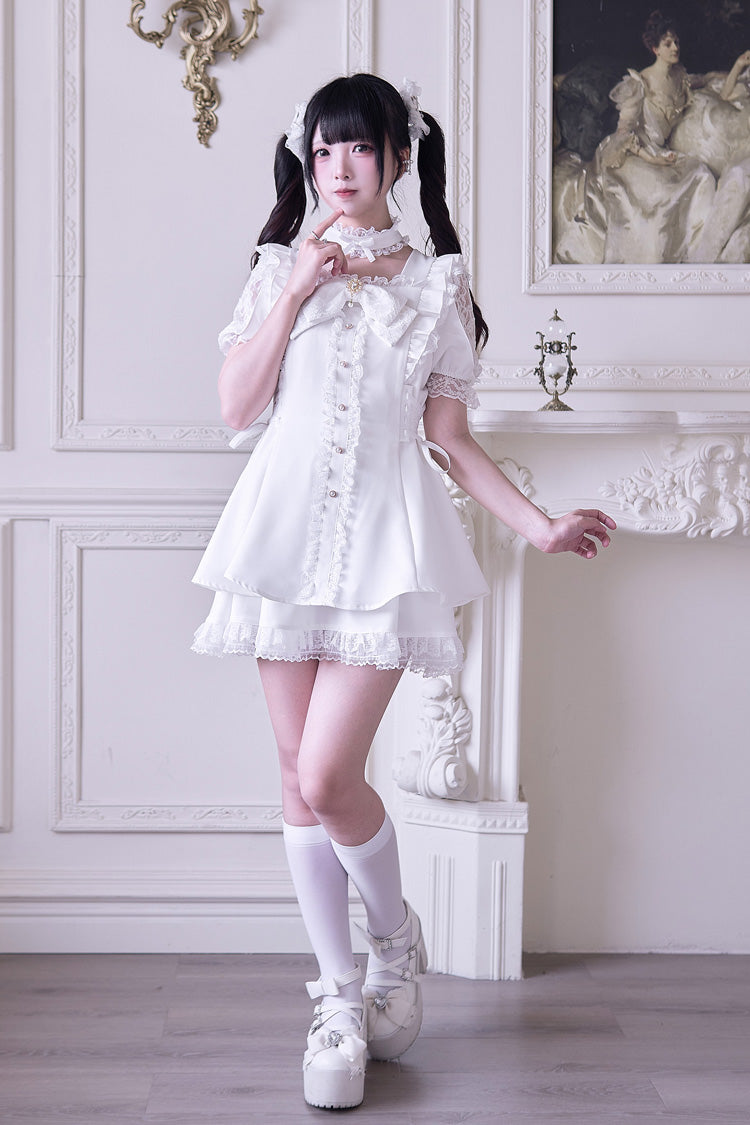 White Short Sleeve Ruffled Bow Gothic Jirai Kei Dress Set