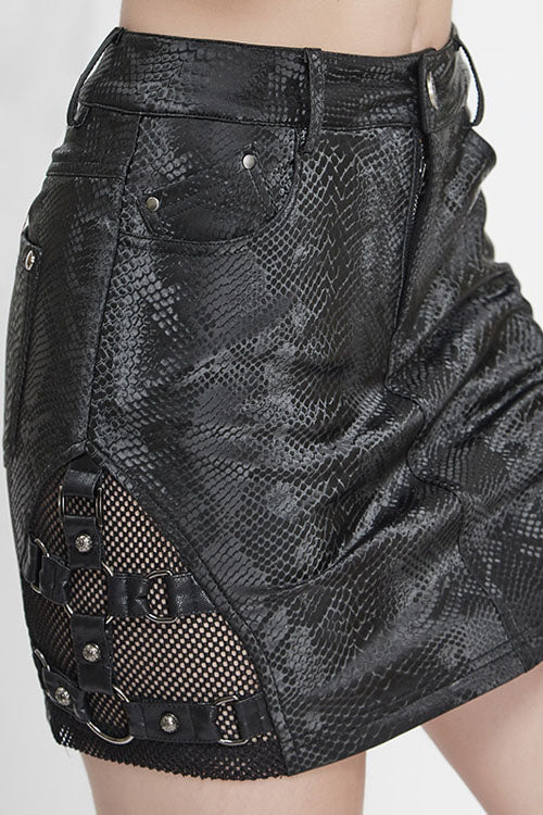 Snakeskin Print Asymmetric Punk Skirt for Women - Black Noir