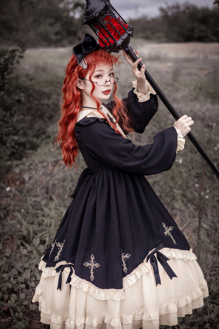 Doll Collar Cross Embroidery Gothic OP Dress