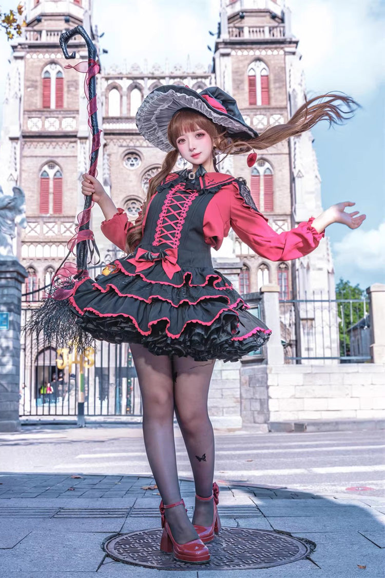 Black Red Showa Cake Sleeveless Triple-Layered Ruffled Bow Lace-Up Witch Gothic Jsk Dress