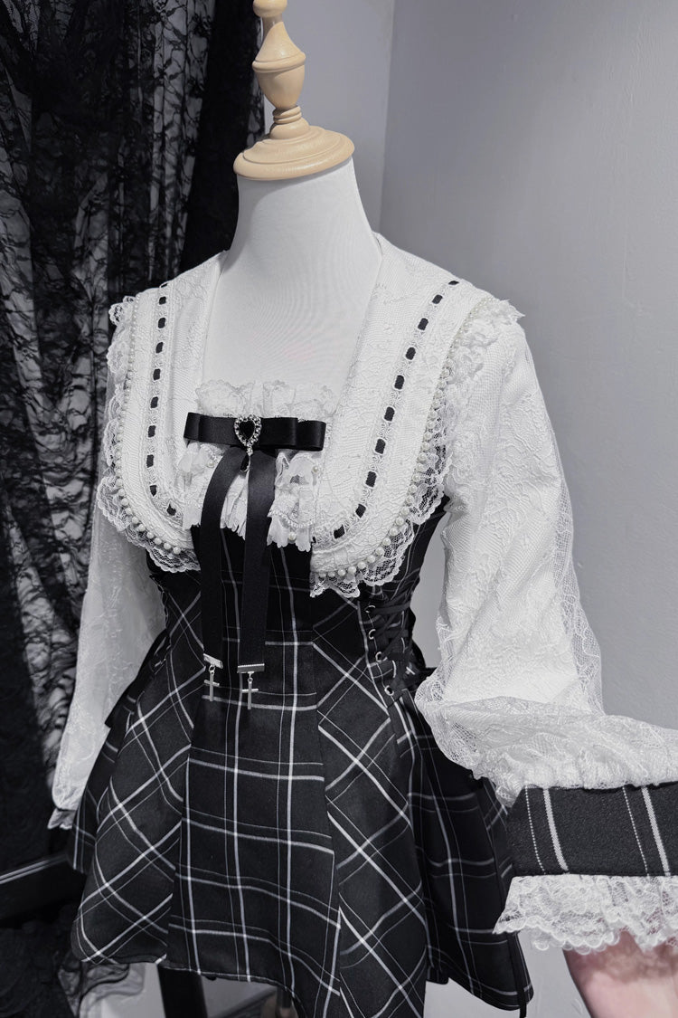 Square Collar Long Sleeves Printed Bow Lace Pearl-Decorated Gothic Japanese Dress Shorts