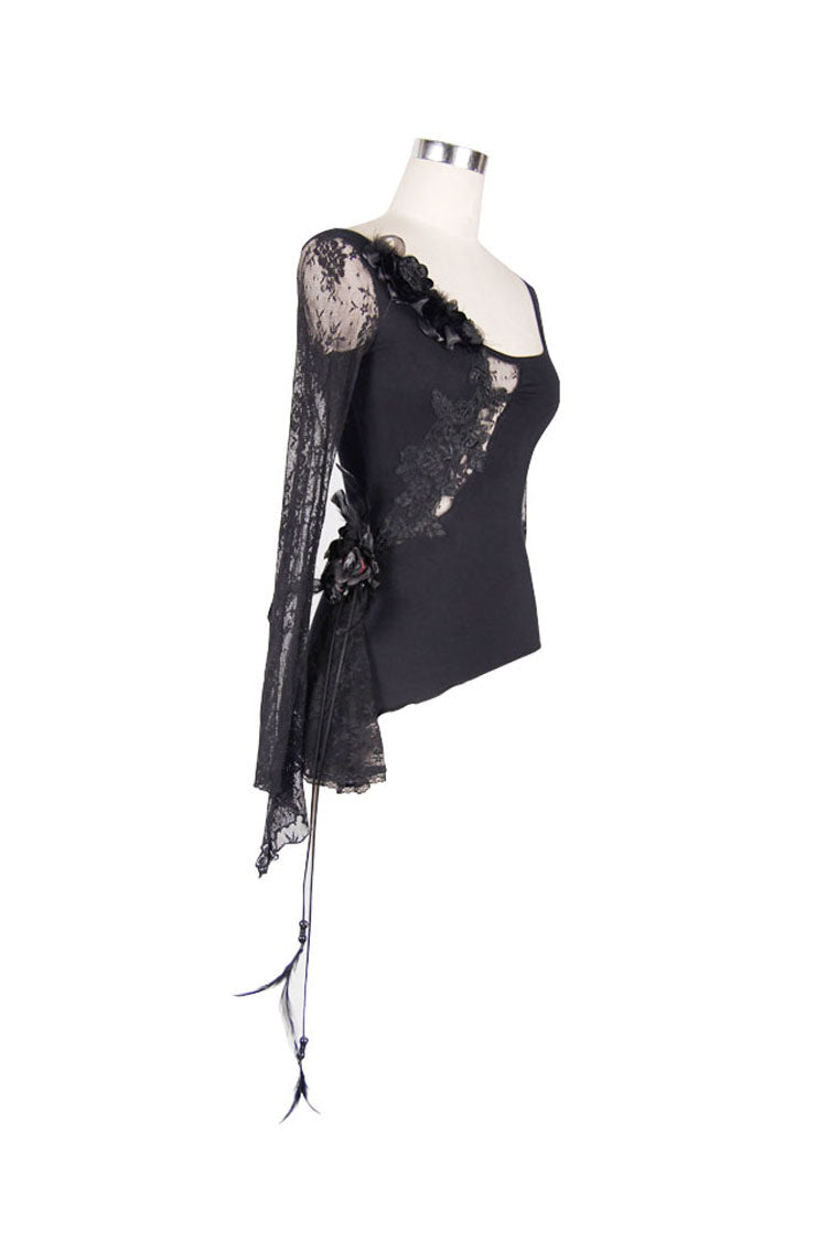 Women's Gothic T-Shirt in Black with Rose Decoration, Flare Sleeves & Irregular Lace Hem