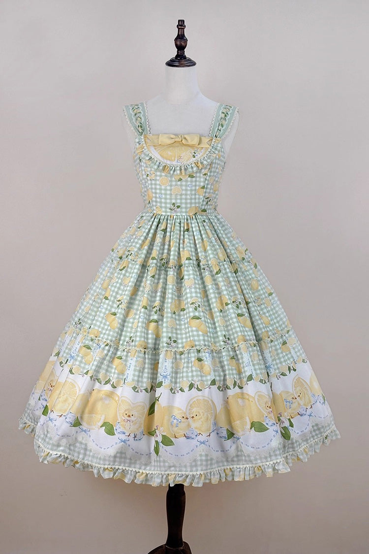 Verdant Printed Ruffle Bow Lace Sweet Long Jumper - Lemon Chicken