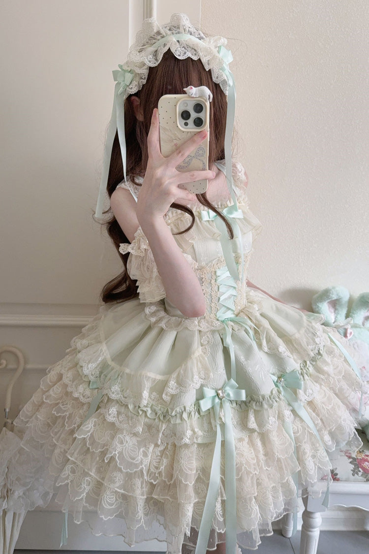 Emerald Sleeveless Layered Ruffle Bow Lace Corset Ballet Jumper Dress - Ribbon Heart Love