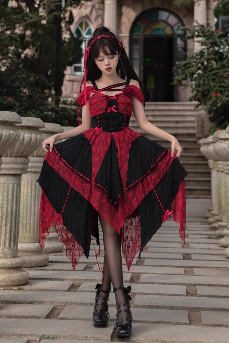 Crimson Noir Sleeveless High-Waist Patterned Asymmetrical Gothic Corset Dress