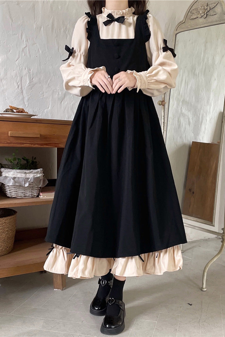 Noir/Apricot Puff Sleeve Bow Ruffle Sweet Dress - Japanese Style