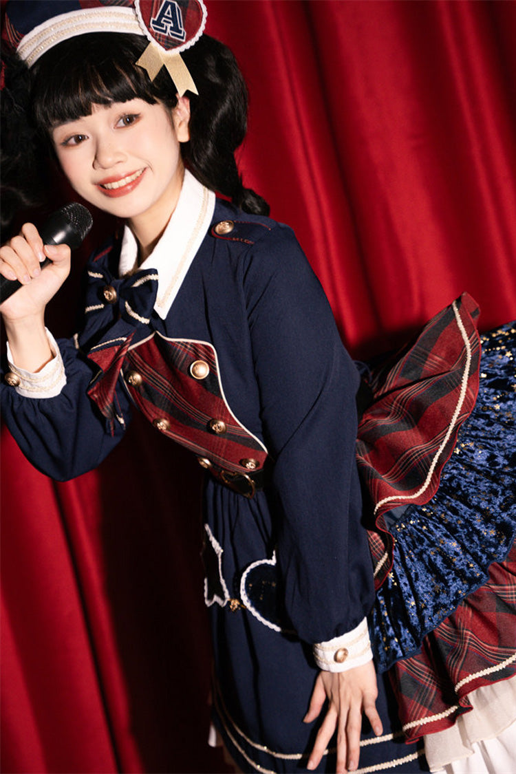 Red Dark Blue Starlight Academy Style Long Sleeves Printed Ruffled Spliced Asymmetric Faux Two-Piece Sweet Dress