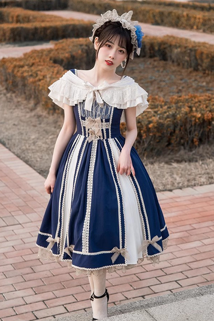 Blue White Color Contrast Sleeveless Classic Dress