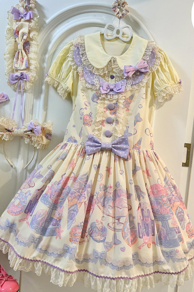 Mermaid Print Bowknot Lace Strap Dress - Light Yellow