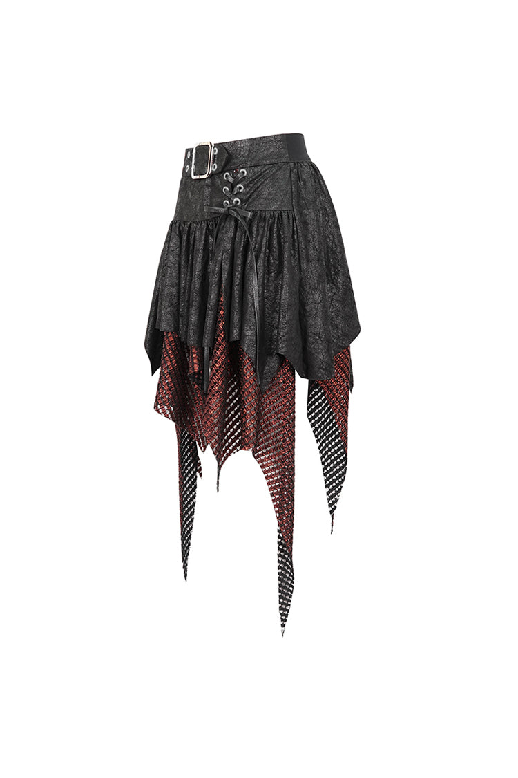 Crimson Noir Asymmetrical Mesh Patch Buckled Women's Gothic Skirt