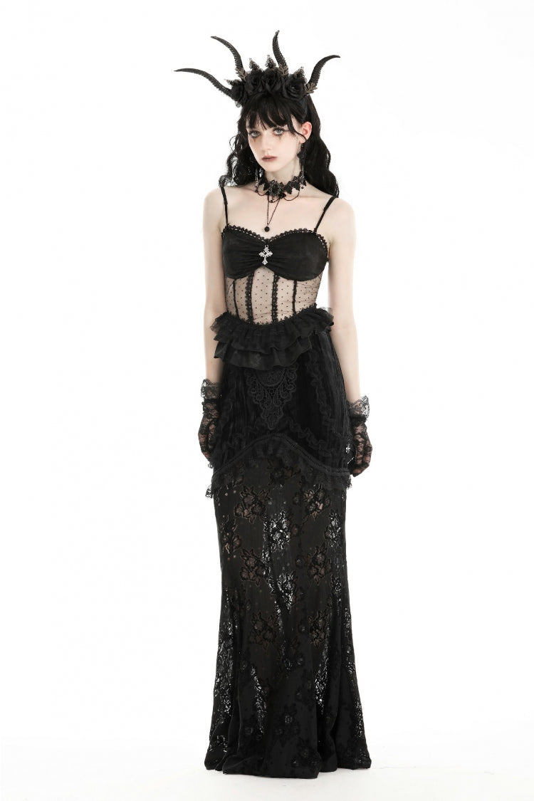 Obsidian Double-Layered Lace Ruffle Top with Spaghetti Straps - Gothic Sheer