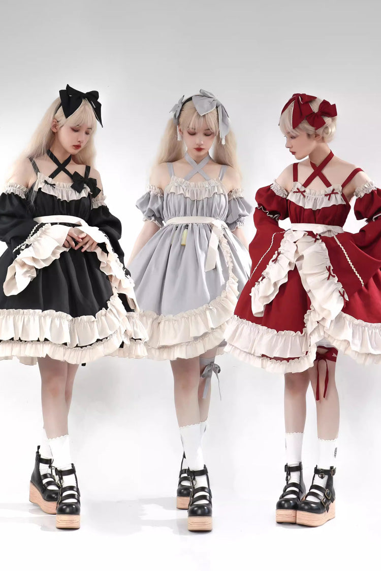 Sweet Lolita JSK Dress with Asymmetric Ruffle, High Waist, Grey Monet Estate