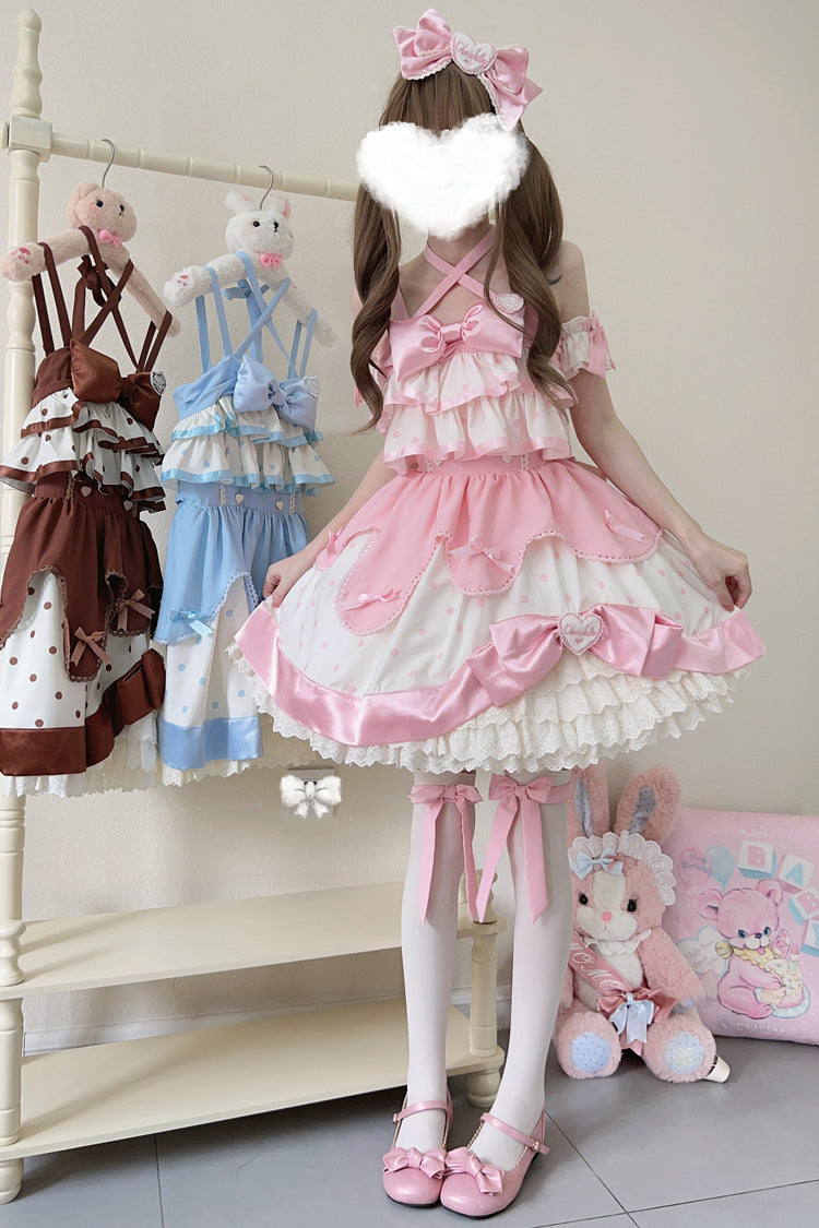 Pink Cream Polka Dot Ruffled Bowknot Sweet Lolita Jumper Dress