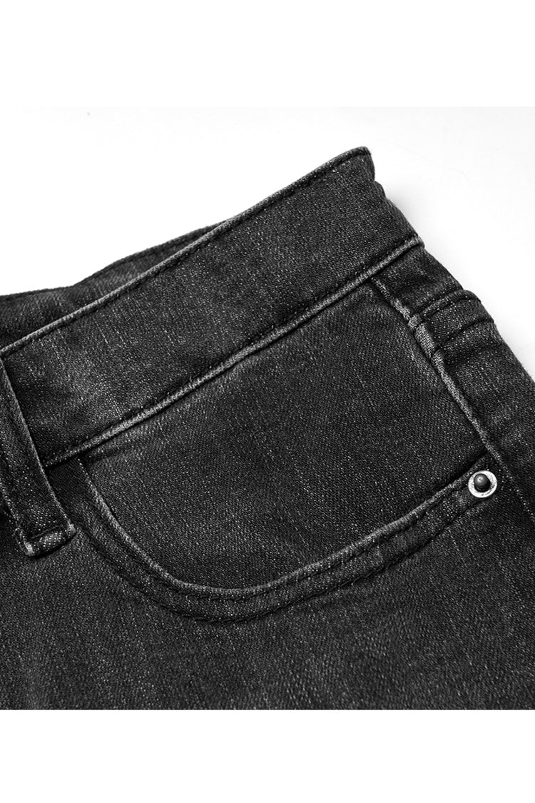 Distressed Denim Asymmetrical Flared Punk Pants with Elastic Waist
