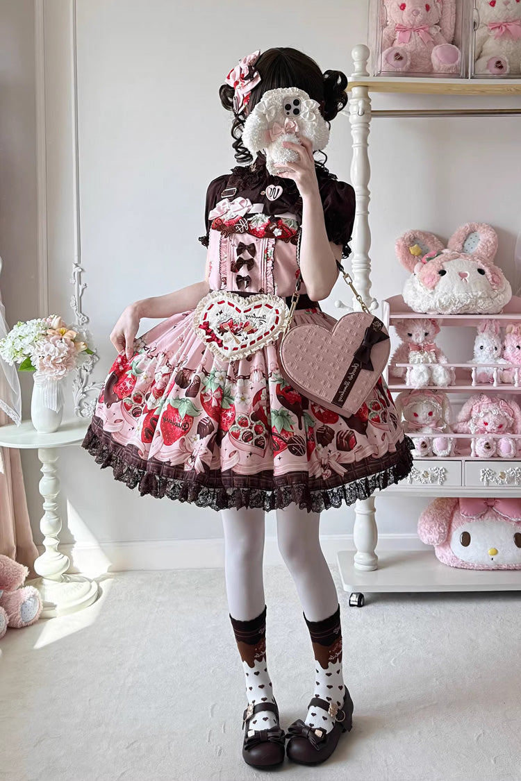 Rose Sleeveless Embroidered Bow Lace Lolita Strap Dress - Strawberry Chocolate Lover