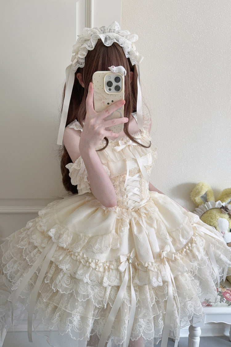 Peach Sleeveless Layered Ruffle Bow Lace Corset Ballet Jumper Dress - Ribbon Heart Love