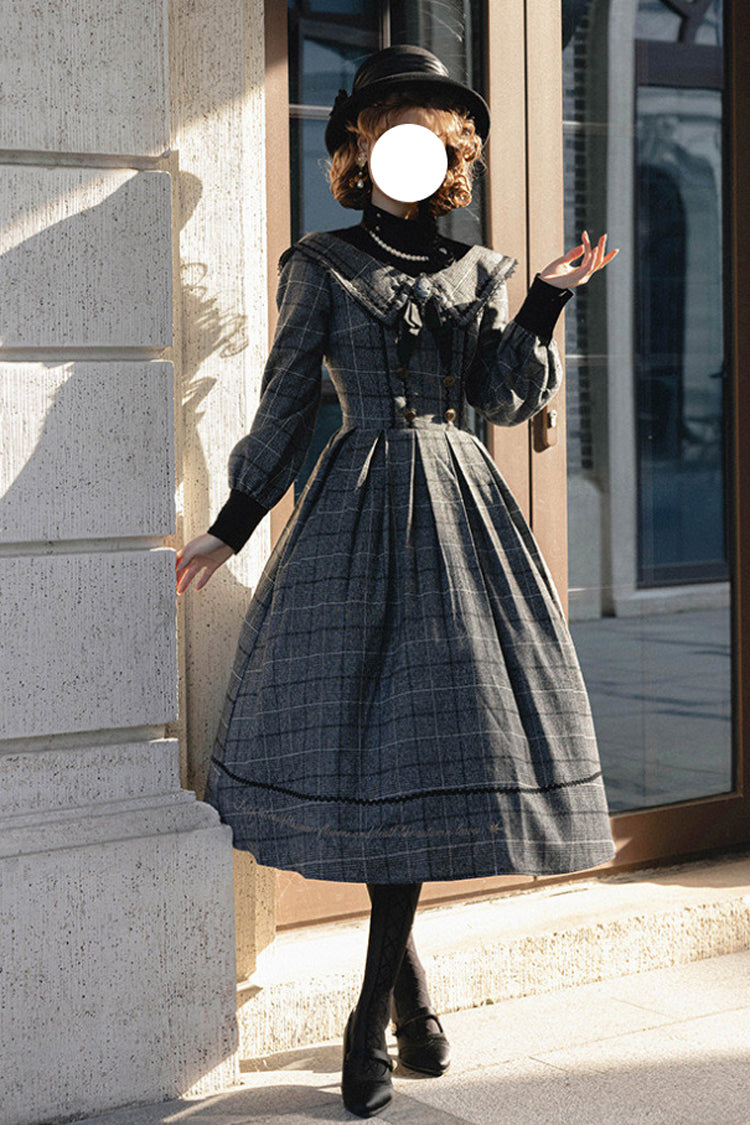 Ash Plaid Bowknot Elegant Sweet Lolita Gown with Long Sleeves