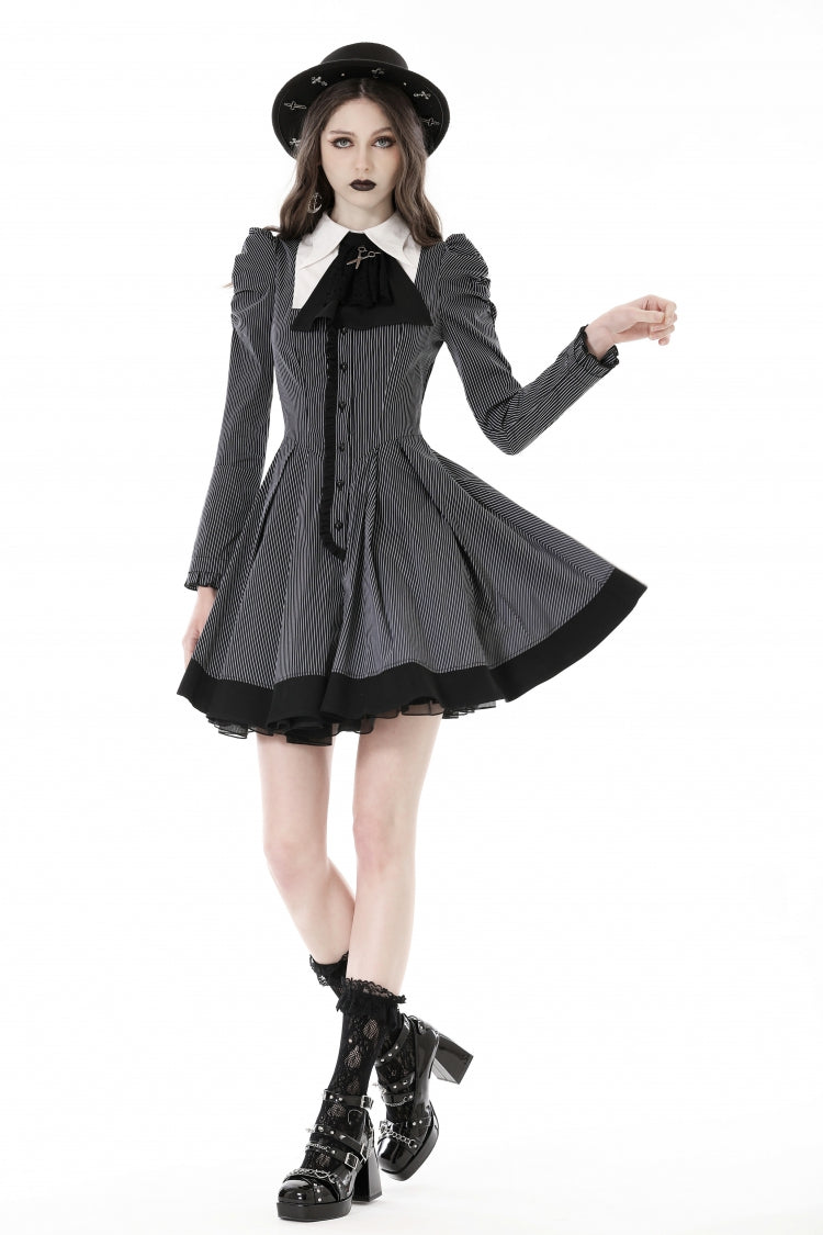 Black/White Notch Collar Puff Sleeve Gothic Striped Preppy Dress