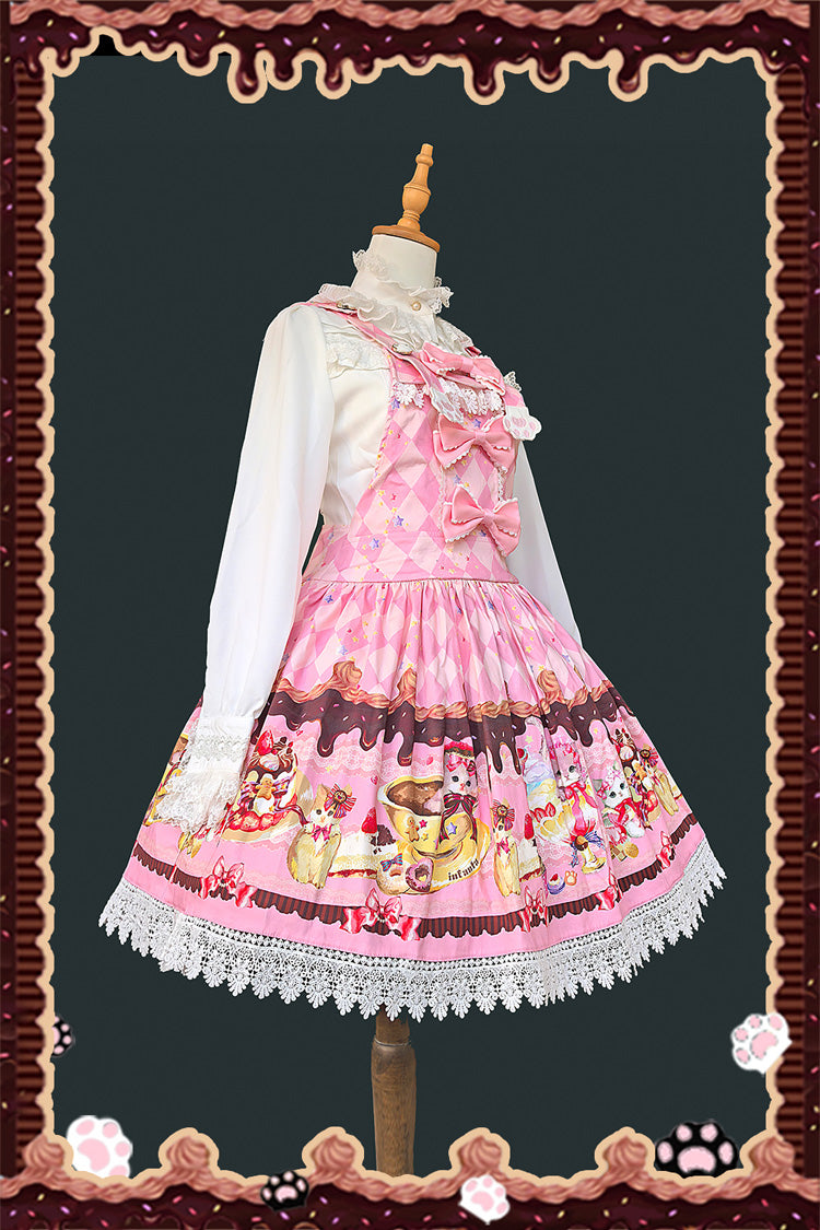 Hooded Strap Dress with Print and Bow in 3 Shades - Cream Meow