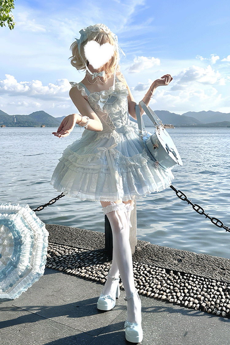 Cerulean Sleeveless Ruffle Bow Lace Corset Sweet Jumper Dress - Candy House