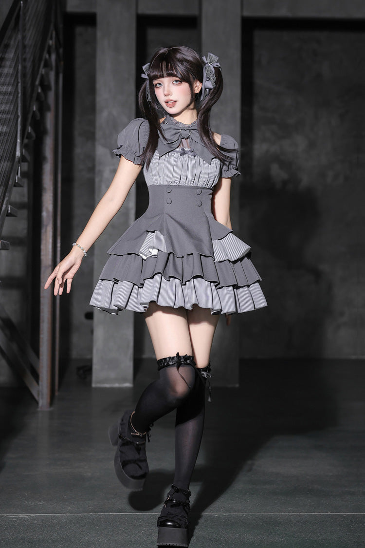 Halterneck Square Collar Ruffled Lolita Dress Set - Black/Grey