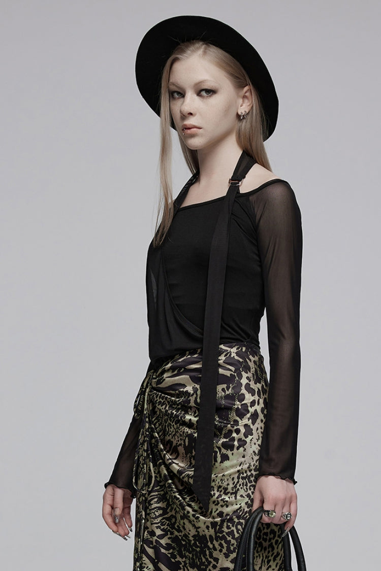 Punk Tee for Her with Boat Neck & Asymmetric Long Sleeves