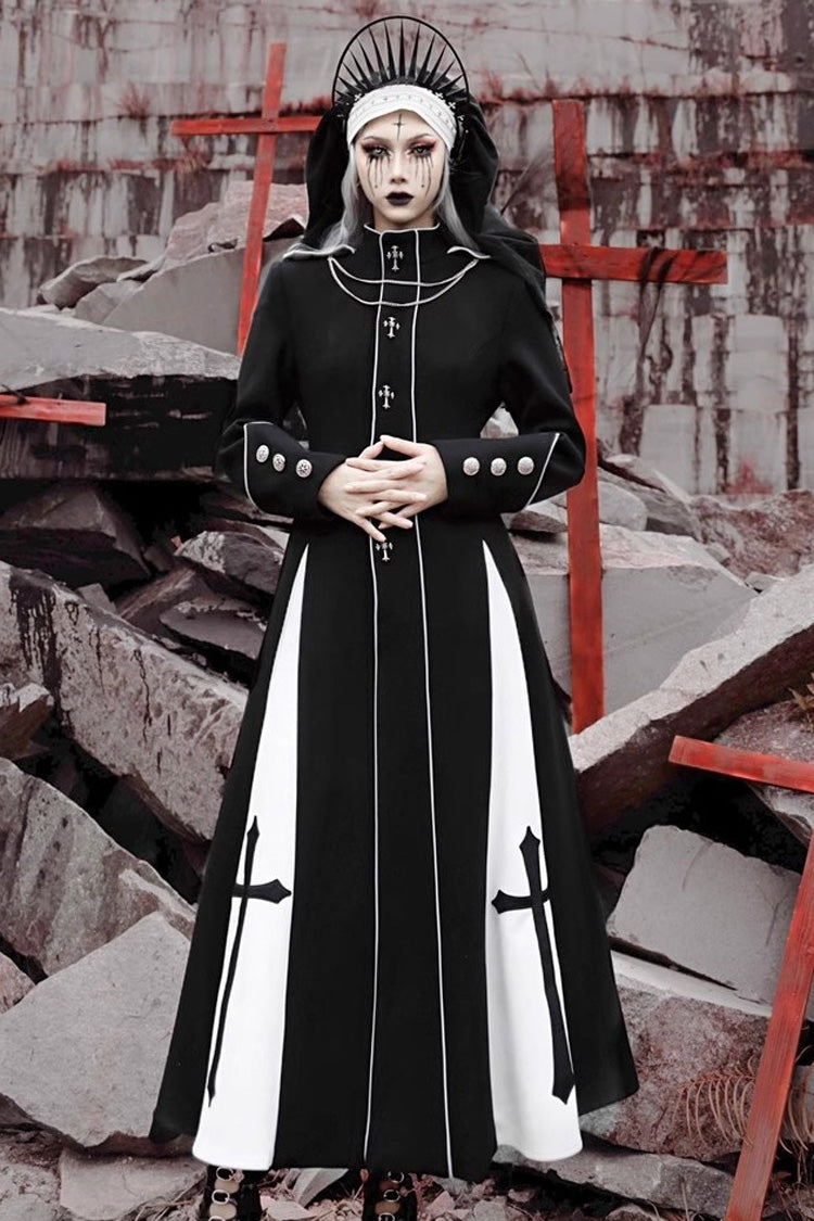 Noir Cross Print Hollow Cardigan Stitched Gothic Long Coat - The Trial of a Nun