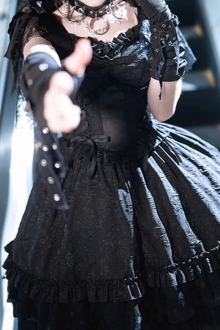 Black Lace Flying Sleeves Fish Bone Ruffled Gothic Gown