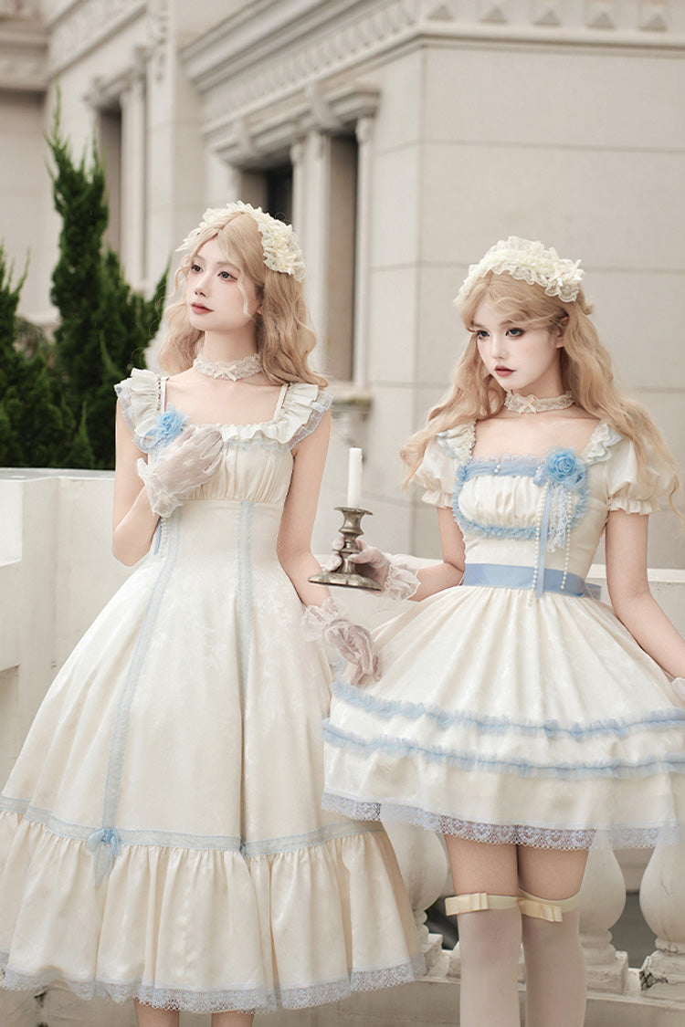 Ivory Square Collar Flutter Sleeve Ruffle Fishbone Sweet Long Jumper - Sea Salt Iced Tea