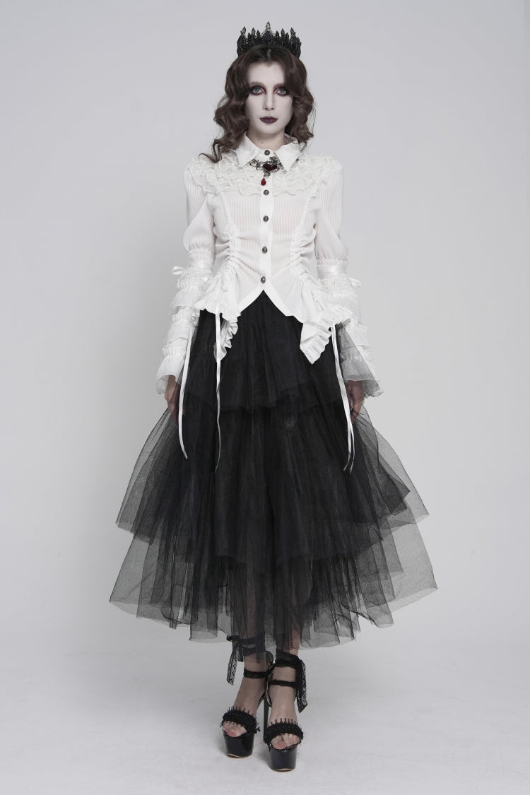 Ivory Slim Fit Women's Gothic Blouse with Trumpet Sleeves and Lace-Up