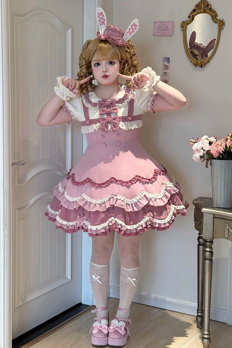 Bunny Parfait Short Sleeve Multi-Layered Ruffled Bow Sweet Lolita Dress - Pink