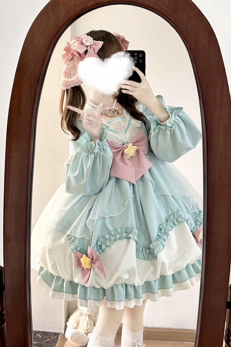 Pray Star Long Sleeve Double Ruffled Bowknot Lace Sweet Lolita Dress