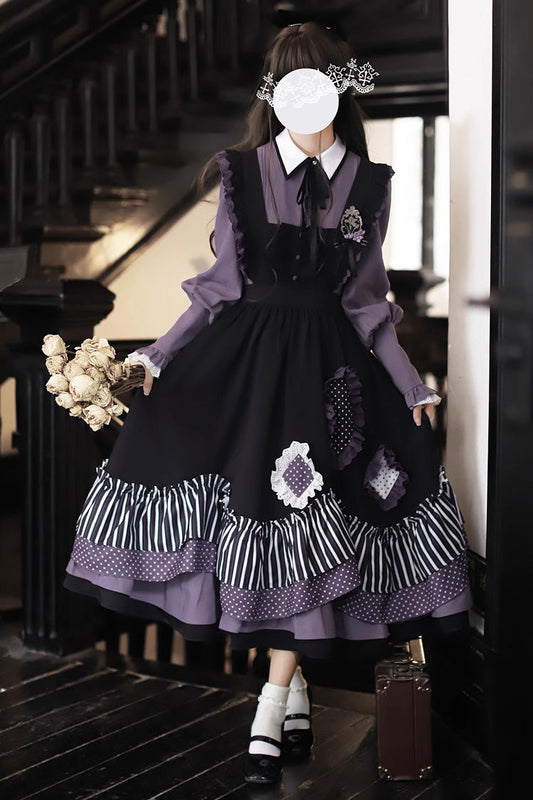 Noir Striped Double Layer Ruffle Bow Irregular JSK - Witch Academy