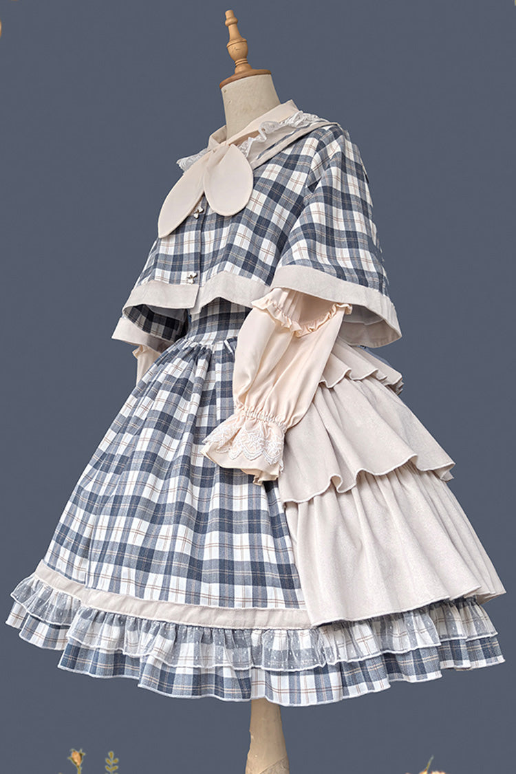Sweet Lolita Strap Dress with Asymmetric Ruffle, High Waist, Grey/Blue Morning Tune