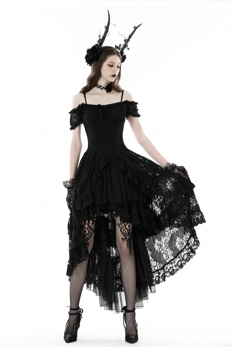 Gothic Dovetail Dress with Off-Shoulder Puff Sleeves & Lace
