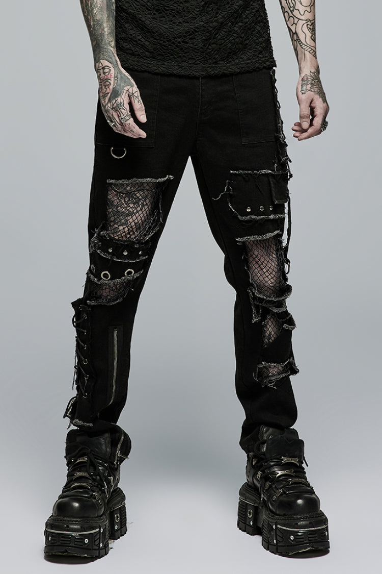 Men's Punk Pants with Hollow Lace-Up Ripped Design