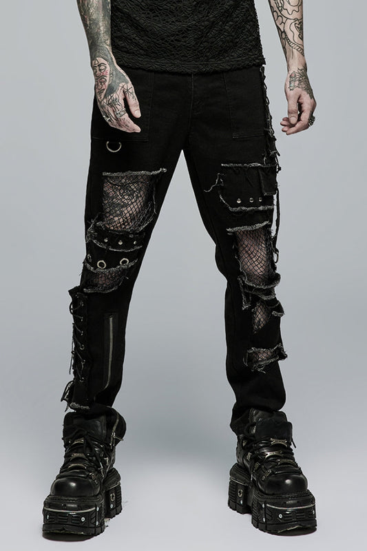 Men's Punk Pants with Hollow Lace-Up Ripped Design